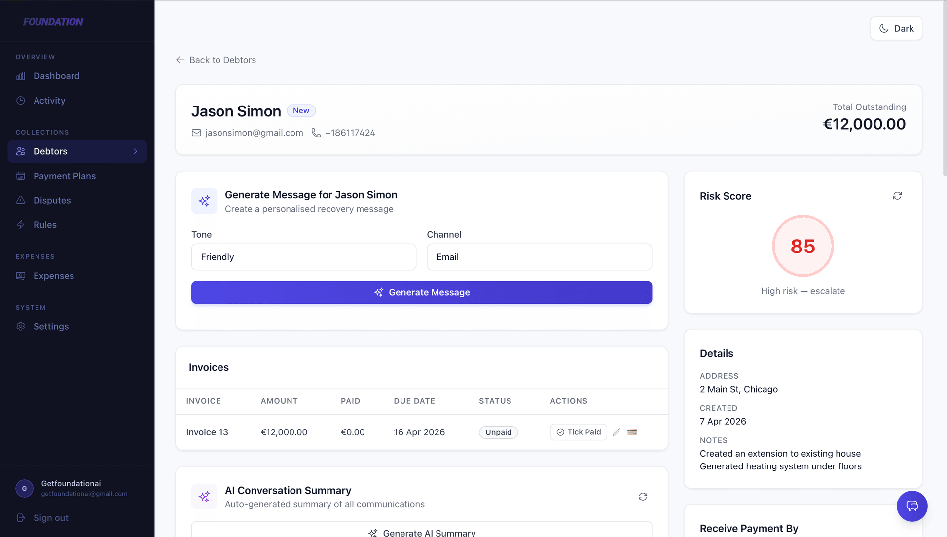 Debtor detail with AI risk score